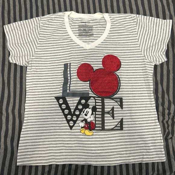 The Disney Store Tops - Disney Store | Women’s Mickey “LOVE” Gray Strip T-Shirt | Size XXL